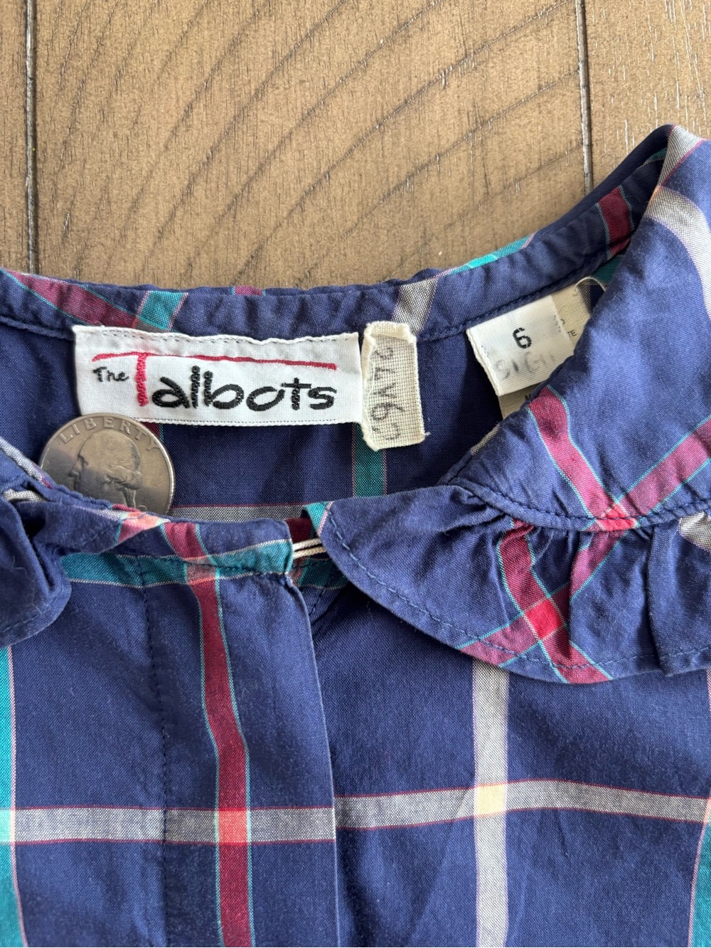 Talbots Navy Plaid Ruffle-Collar Button-Down Top - Picture 4 of 8